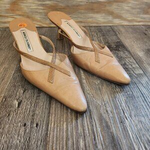 Manolo Blahnik Tan Leather Kitten Heels Slides Mules Women's Size 40 8.5 Shoes